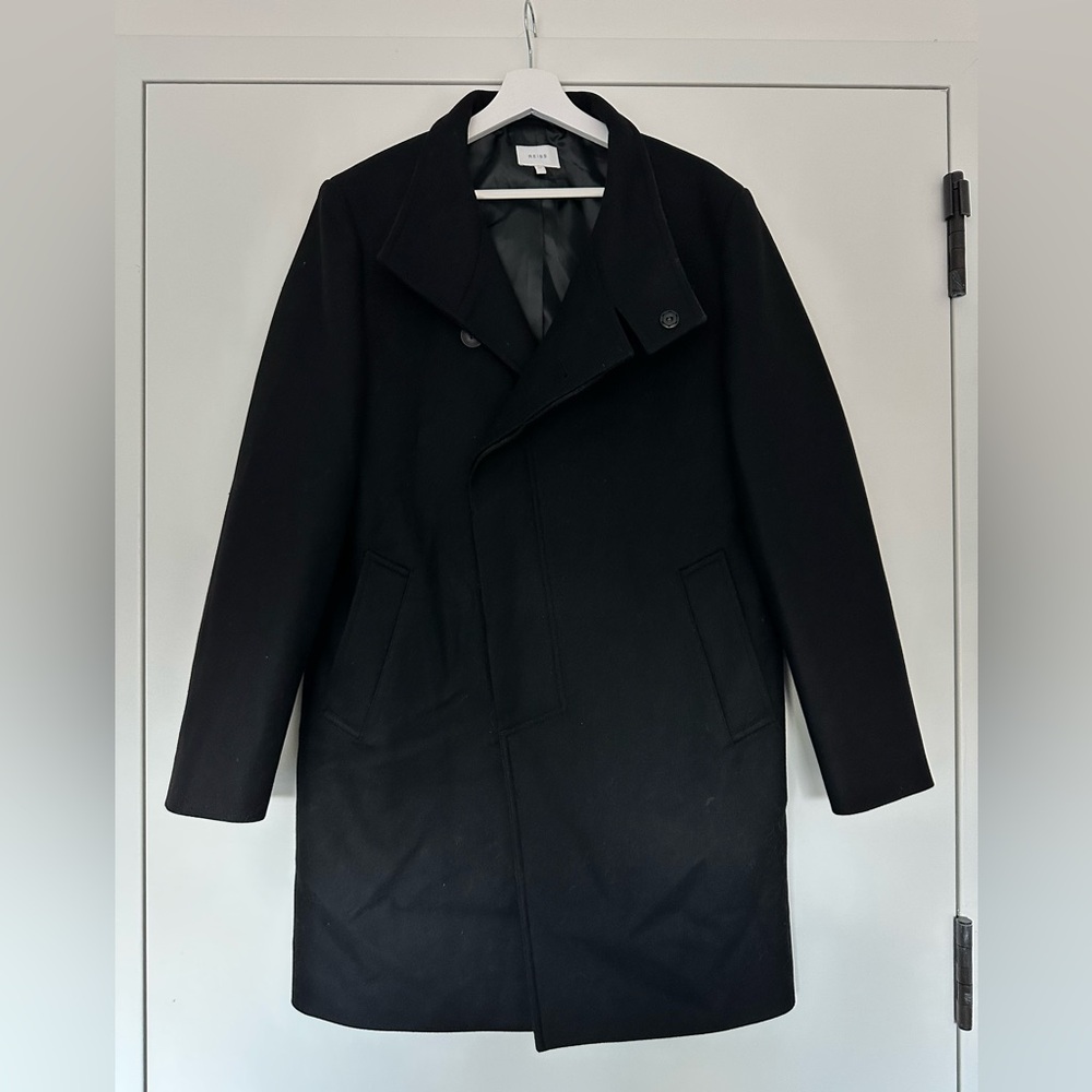 Reiss men’s black Wool Blend Single Breasted Overcoat size M ❄️